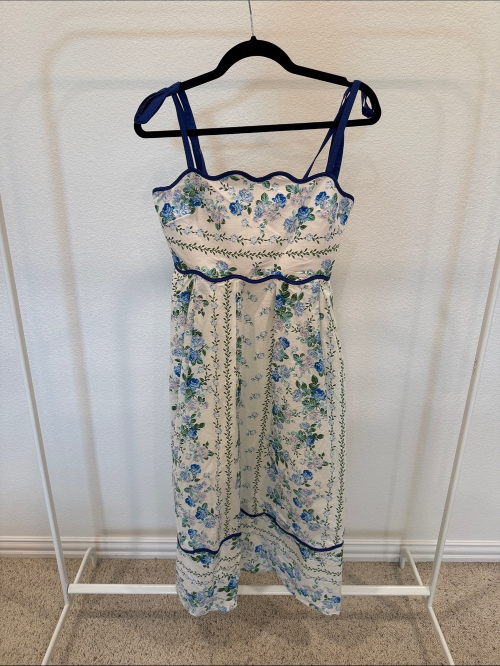 Blue Floral Midi Dress with Tie Straps